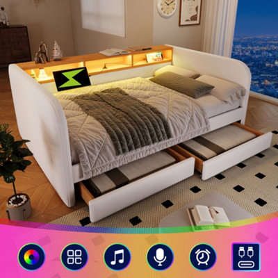 Aka Linen Daybed With Headboard Storage, Led, Usb-C & 2 Drawers - Cream - Image 3