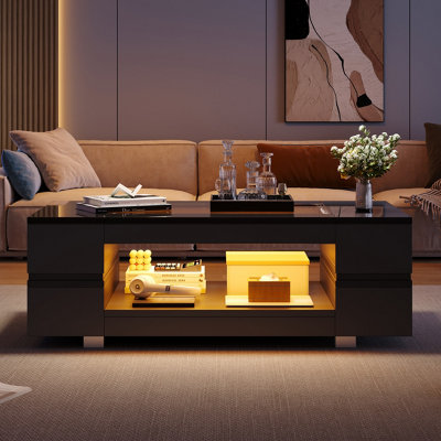 Aka Unisex Black Hollow Coffee Table With Open Storage, Led Lights & Glass Top In - Image 3