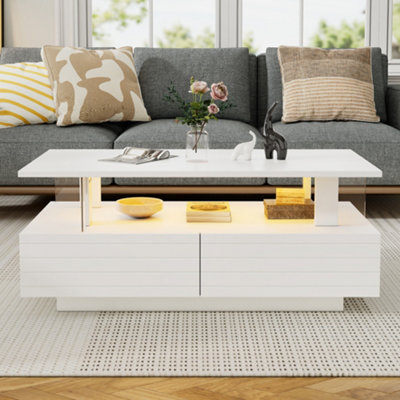 Aka White Coffee Table With Open Storage, 2 Drawers And Led Lights - White - Image 3