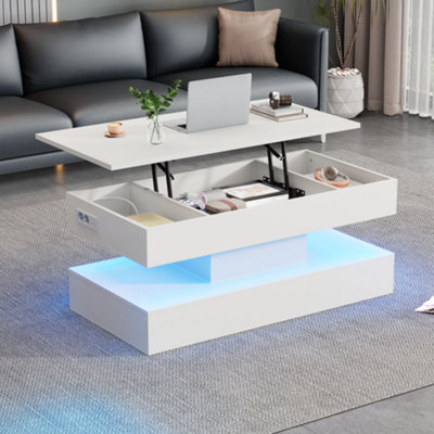 Aka Unisex White Modern Coffee Table With Led Lighting, Hidden Storage & Hydraulic Lift In - Image 3