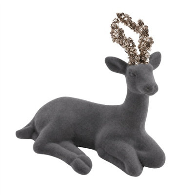 B&Q -  19Cm Velvet Sitting Deer GreyChristmas Reindeer OrnamentIndoor TableMantelpiece And Shelf DecorationFestive Home Décor