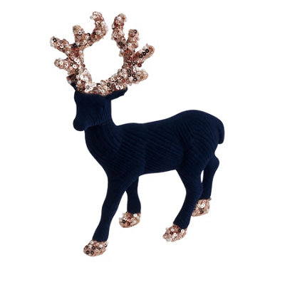 B&Q -  20Cm Midnight Blue Velvet Reindeer Ornament