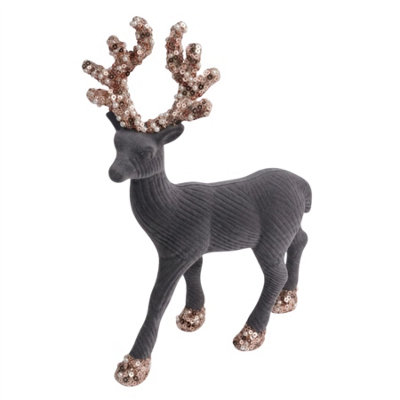 B&Q -  20Cm Grey Velvet Deer OrnamentChristmas Reindeer OrnamentIndoor TableMantelpiece And Shelf DecorationFestive Home Décor