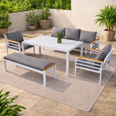 Shatchi Aluminium Garden Furniture Set 6 Seater White Outdoor Patio Sofa SetSofaDining TableBenchArmchairs from B&Q