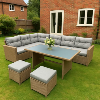 Shatchi Modern Aluminium Corner Sofa Set - 8-Seater Outdoor Lounge With Table, Stool & Cushions - Garden Furniture Set