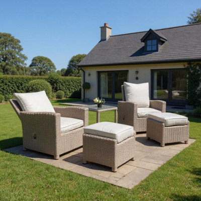 Shatchi Sorrento Luxury Rattan Reclining Bistro Garden Chairs, Ottomans & Table Outdoor Furniture Set Grey