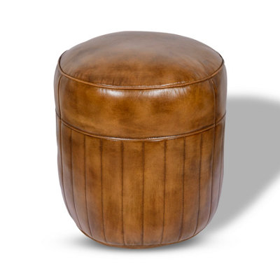  - Elm Home And Garden 100% Real Genuine Leather Round Pommel Footstool Ottoman Tan Brown