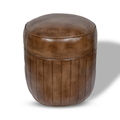  - Elm Home And Garden 100% Real Genuine Leather Round Pommel Footstool Ottoman Tan Brown