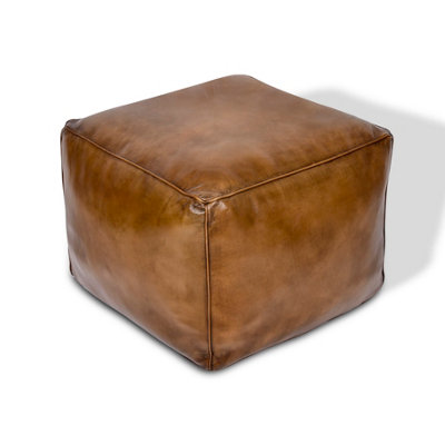  - Elm Home And Garden 100% Real Genuine Leather Large Pommel Footstool Ottoman Tan Brown