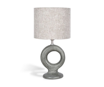 Solid Wood Table Lamp With Fabric Shade Brush Patina Grey Finish Cut Out Sculptural Base For Living Room Or Bedroom from B&Q