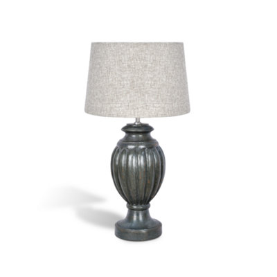 Elm Home And Garden Unisex Grey Solid Wood Table Lamp With Fabric Shade - Finish - Carved - Image 4