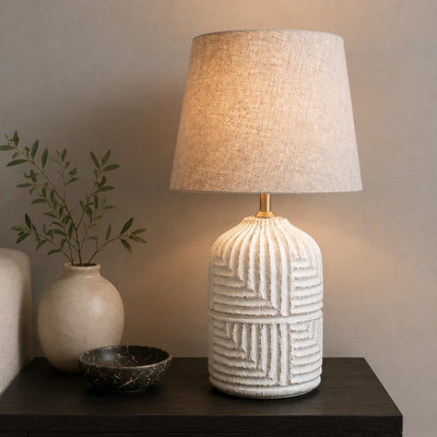  - Solid Wood Table Lamp With Fabric Shade Brush White Finish Geometric Textured Base For Living Room Or Bedroom