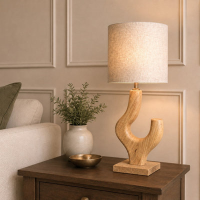  - Solid Wood Table Lamp With Fabric Shade Natural Finish Artistic Asymmetrical Base For Living Room Or Bedroom
