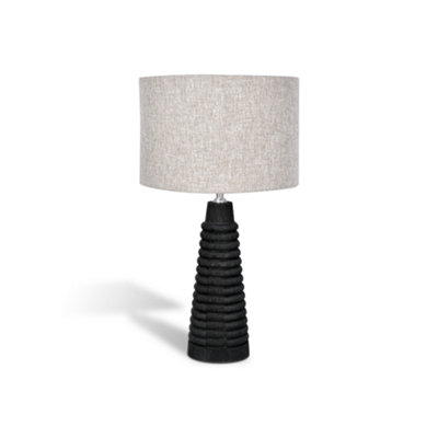  - Solid Wood Table Lamp With Fabric Shade Brush Black Finish Ribbed Cone Base For Living Room Or Bedroom