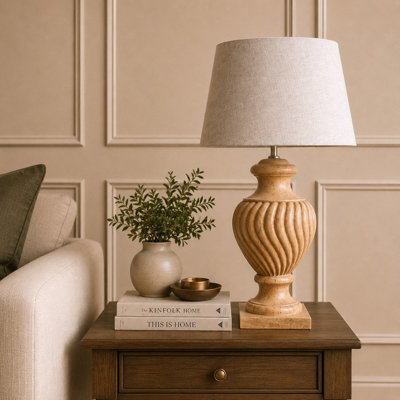 B&Q Grain Solid Wood Table Lamp With Fabric Shade Natural Finish Carved Swirl Urn Base For Living Room Or Bedroom