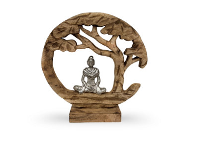 Mango Wood And Aluminium Meditating Buddha Tree Sculpture Natural And Silver Finish 30X33X9Cm from B&Q