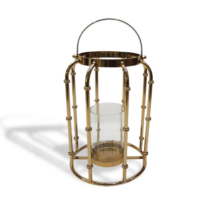  - Contemporary Steel And Glass Lantern Ornament In Gold Finish 32Cm Tall