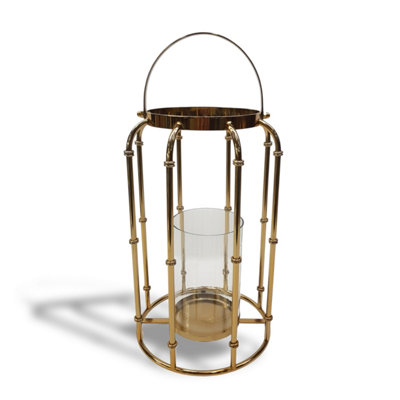  - Tall Steel And Glass Lantern Ornament And Home Accessory In Gold Finish 41Cm Height