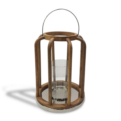  - Mango Wood And Glass Lantern Candle Holder Ornament And Home Accessory In Nickel Plated Natural 40Cm Height