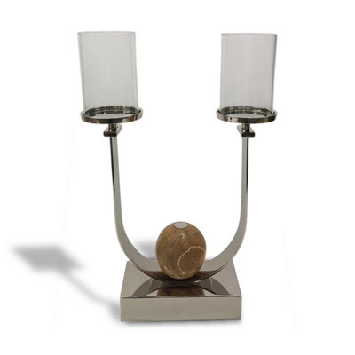 Twin Arm Candle Holder Ornament And Home Accessory In Nickel Silver 53Cm Height from B&Q
