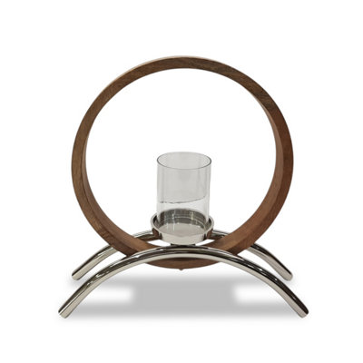 Try Circular Wooden And Metal Candle Holder Ornament And Home Accessory In Silver Natural 36.5Cm Height from B&Q