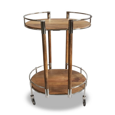  - Try Round Mango Wood Drinks Trolley With Silver Frame In Natural Finish