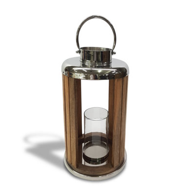  - Rustic Mango Wood Stainless Steel Lantern Glass Hurricane Candle Holder 48Cm