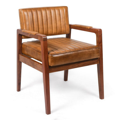  - Genuine Real Brown Dining Kitchen Tan Leather And Wood Armchair Retro Fire Side Queen Anne Wing Accent Chair