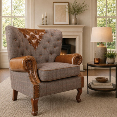  - Elm Home And Garden Langford Wingback Genuine Leather Armchair Brown 103Cm H X 84Cm W X 86Cm D