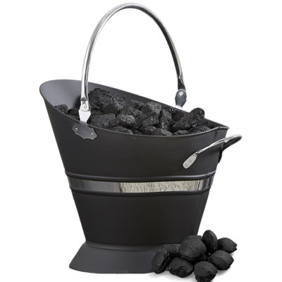  - Ing038 Black Waterloo Bucket With Silver Band Metal Coal Ash Carrier Fireplace Storage Fireside Accessory With Handle