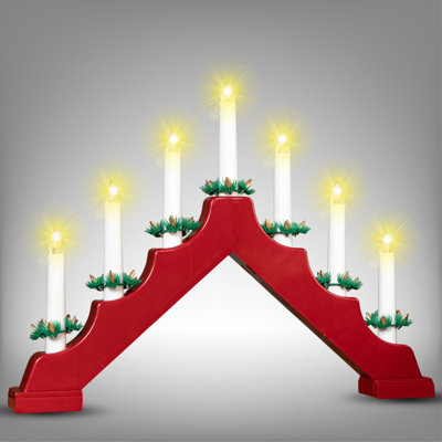  - 7 Led Candle Bridge Battery Operated With 6 Hours Timer Wooden Christmas Window Decoration Warm White LightRed