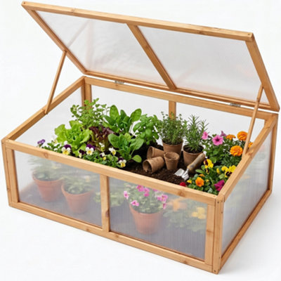 Wooden Cold Frame Greenhouse Mini Grow House Polycarbonate Hinged Lid Frost Protection Seedlings Vegetables 100X65X40Cm from B&Q