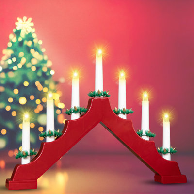  - Christmas Candle Bridge 7 Led Battery Operated Wooden Xmas Decoration With 6 Hour Timer For Windowsill Or Table DisplayRed