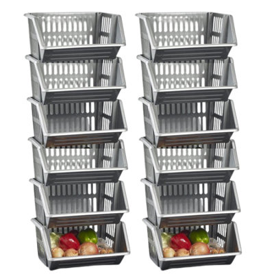 35Cm Plastic Stacking Basket Storage Veg Rack Stackable Organizer For Kitchen Pantry Bathroom Office Utility Use Silver Pack Of 12 from B&Q