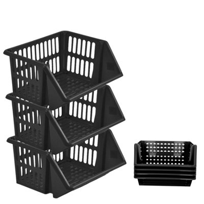35Cm Plastic Stacking Basket Storage Veg Rack Stackable Organizer For Kitchen Pantry Bathroom Office Utility Use Black Pack Of 3 from B&Q