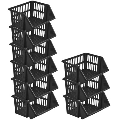 35Cm Plastic Stacking Basket Storage Veg Rack Stackable Organizer For Kitchen Pantry Bathroom Office Utility Use Black Pack Of 9 from B&Q