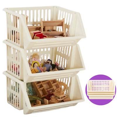 35Cm Plastic Stacking Basket Storage Veg Rack Stackable Organizer For Kitchen Pantry Bathroom Office Utility Use Cream Pack Of 3 from B&Q