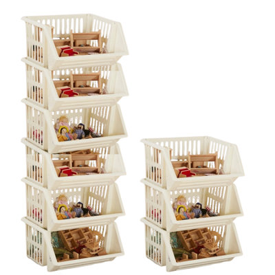 35Cm Plastic Stacking Basket Storage Veg Rack Stackable Organizer For Kitchen Pantry Bathroom Office Utility Use Cream Pack Of 9 from B&Q
