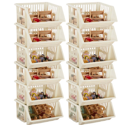 35Cm Plastic Stacking Basket Storage Veg Rack Stackable Organizer For Kitchen Pantry Bathroom Office Utility Use Cream Pack Of 12 from B&Q