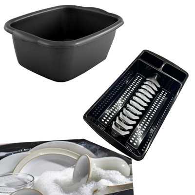 HEATON WHOLESALE Set Of Black Rectangular Washing Up Bowl & Dish Drainer Rack Kitchen Sink Utensil Holder from B&Q