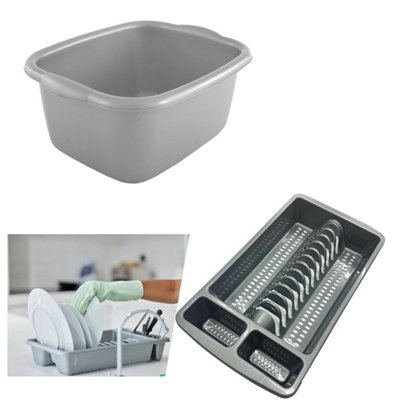 HEATON WHOLESALE Set Of Silver Rectangular Washing Up Bowl & Dish Drainer Rack Kitchen Sink Utensil Holder from B&Q
