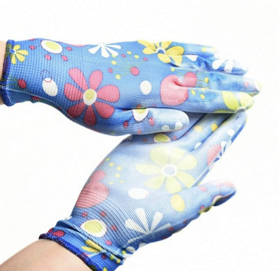 B2C Ladies Gardening Work Gloves Lightweight Stretchy Floral Design Pu-Coated Blue 8 (Medium) 1 Pair from B&Q