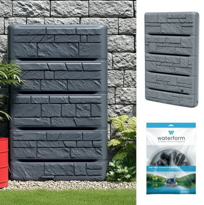 B&Q -  Water Butt Rainwater Collector Wall Mounted Tank 400L Flat Slim + Connection Kit Grey