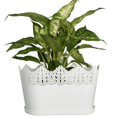 B2C Oval Flower Pot Planter With Saucer Lace Hollow Out Crawn Pot Cover Gloss White from B&Q