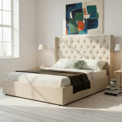 OAT Home Wrenbury Natural Fabric Winged Ottoman Storage Bed Frame -Double from B&Q