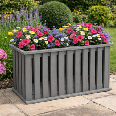 Callow Retail Double Garden Planter In GreyWooden Garden PlanterSlatted PlanterIncludes Liner33X62X45Cm from B&Q