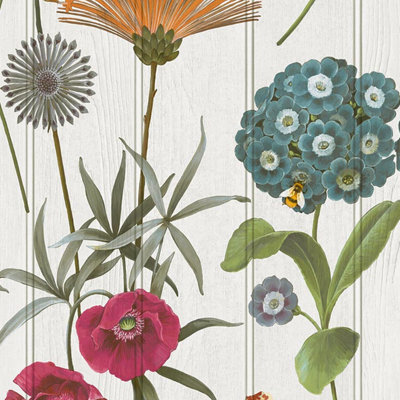 B&Q -  White Multi Floral Wallpaper Beaded Wood Panel Effect Bee's Smooth Finish Lounge