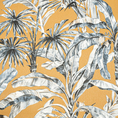 Sophie Laurence Mustard Yellow Floral Wallpaper Grey White Tropical Banana Leaf Feature Wall from B&Q