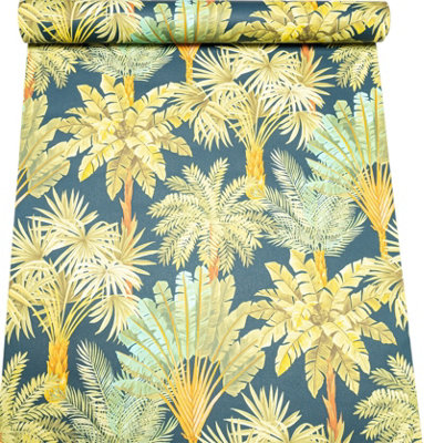 B&Q -  Green Tropical Tree Wallpaper Navy Blue Textured Vinyl Feature Wall