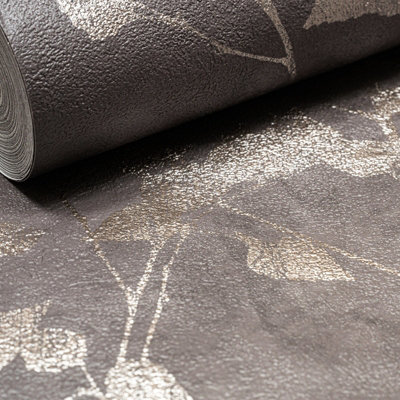 Sophie Laurence Charcoal Grey Floral Wallpaper Textured Leaf Metallic Shimmer Thick Vinyl from B&Q
